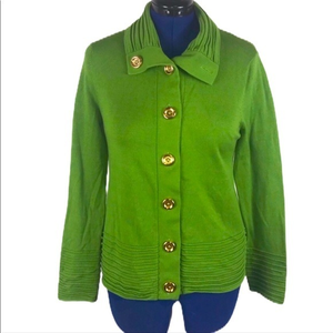 Jones New York M green gold button cotton blend high‎ collar long sleeve sweater
